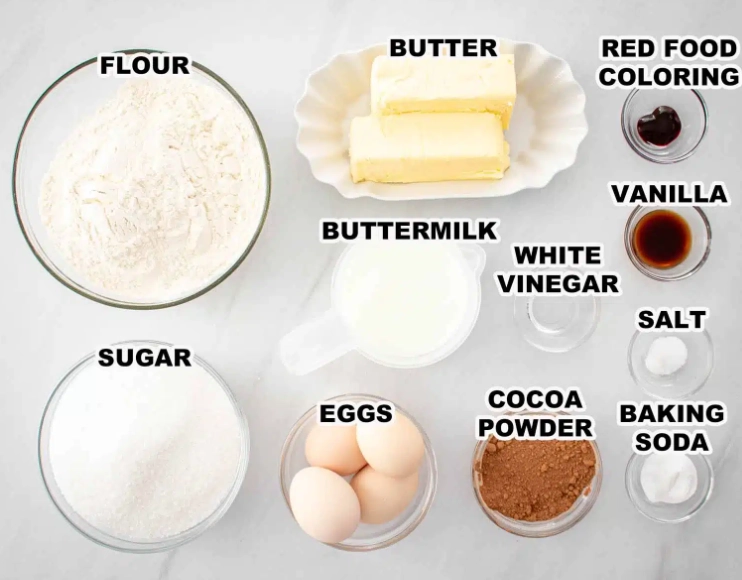 What are the main ingredients of red velvet cake?